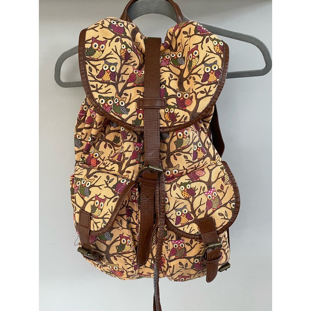 Ladies Canvas Owl Print Rucksack Backpack